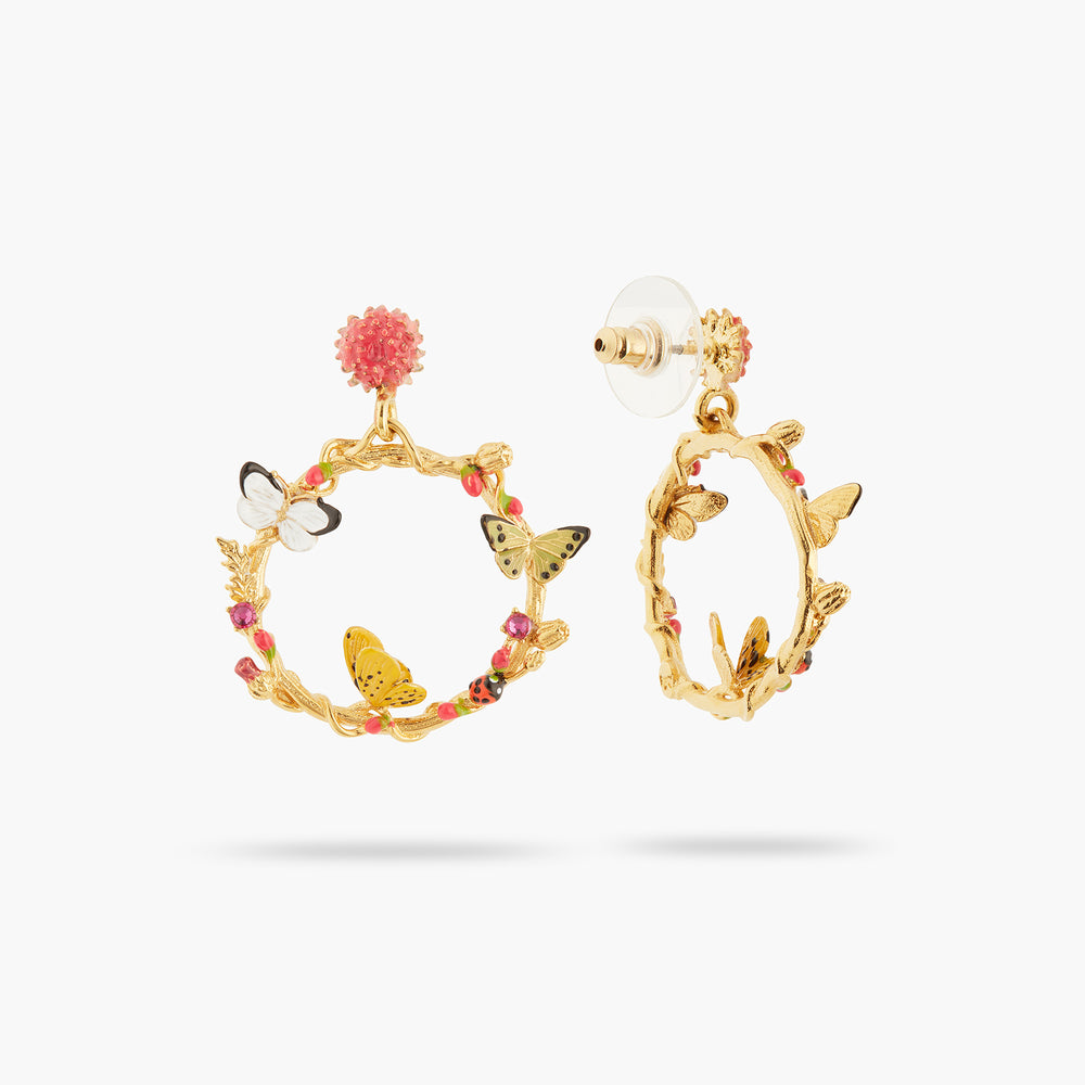 Les Néréides Loves Animals Enameled Butterfly and Vegetal Elements Dangling Post Earrings