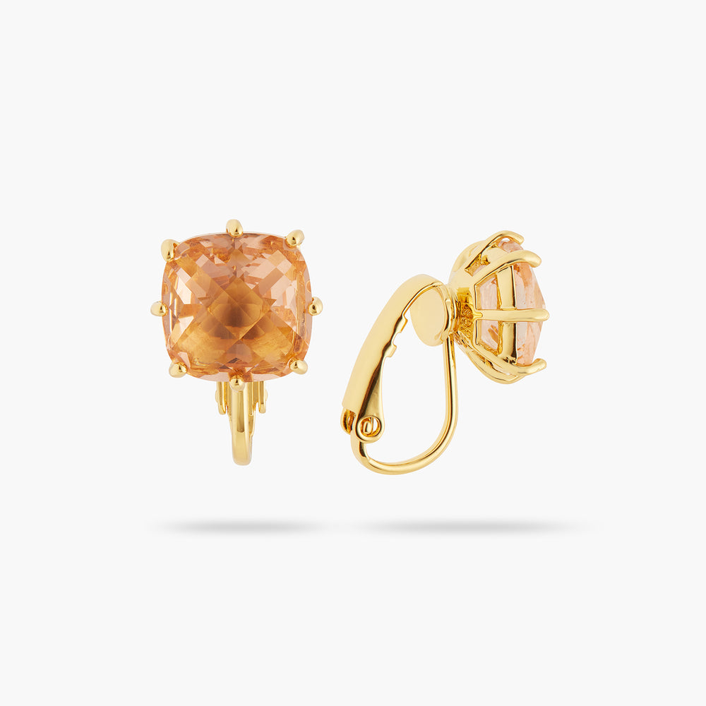 Apricot Pink Diamantine Square Stone Clip-On Earrings