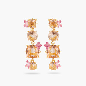 Apricot Pink Diamantine 4 Stone and Flower Dangling Post Earrings