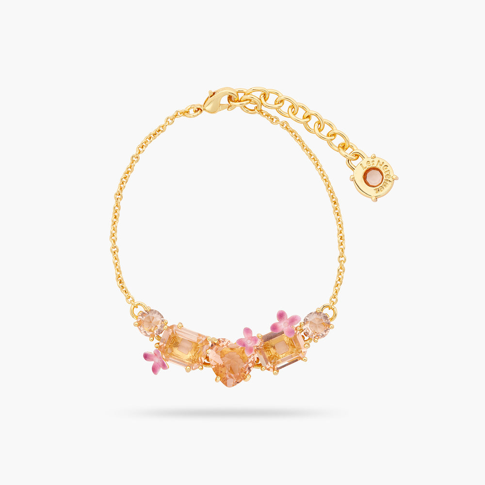 Apricot Pink Diamantine 5 Stone and Flower Fine Bracelet