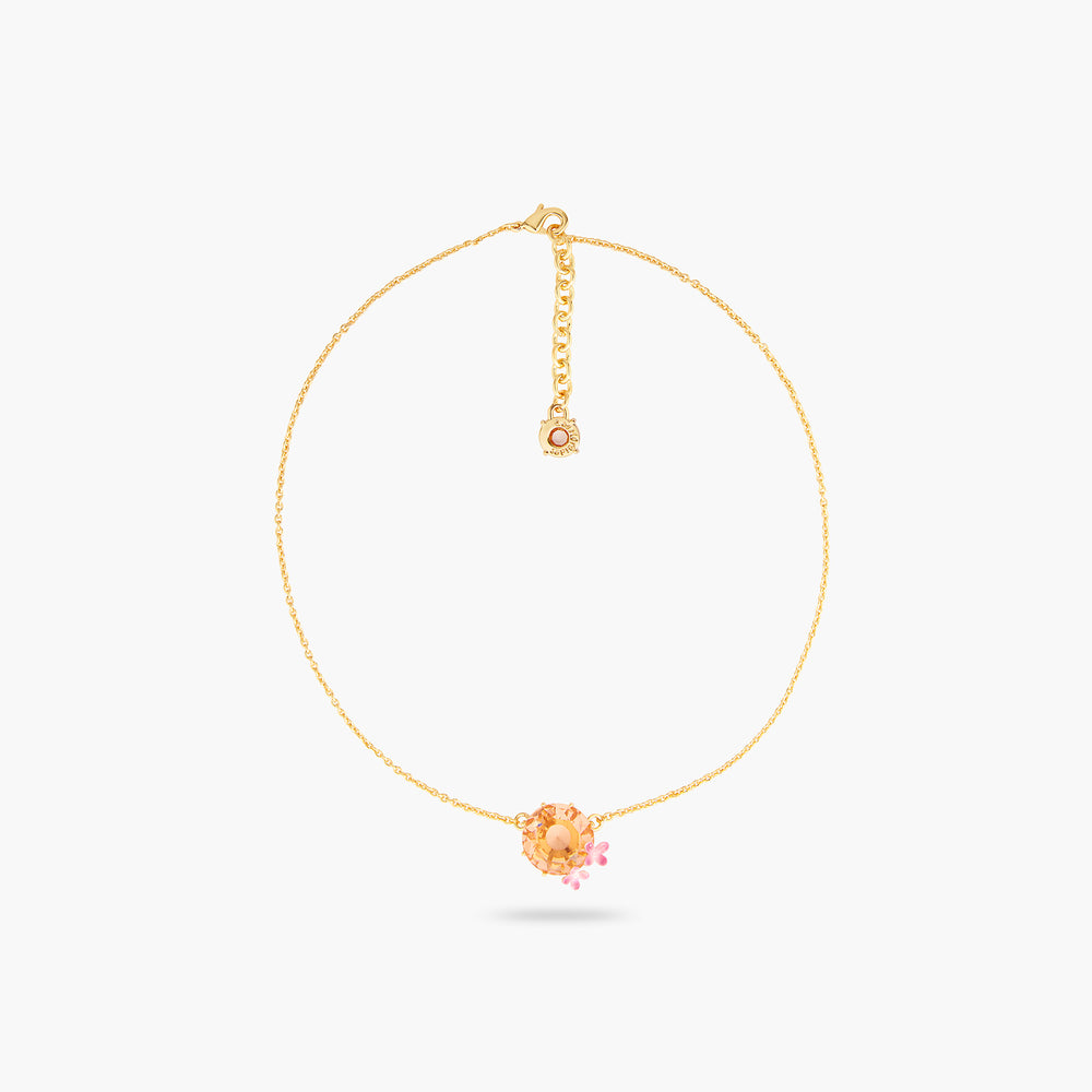 Apricot Pink Diamantine Flower and Round Stone Fine Necklace