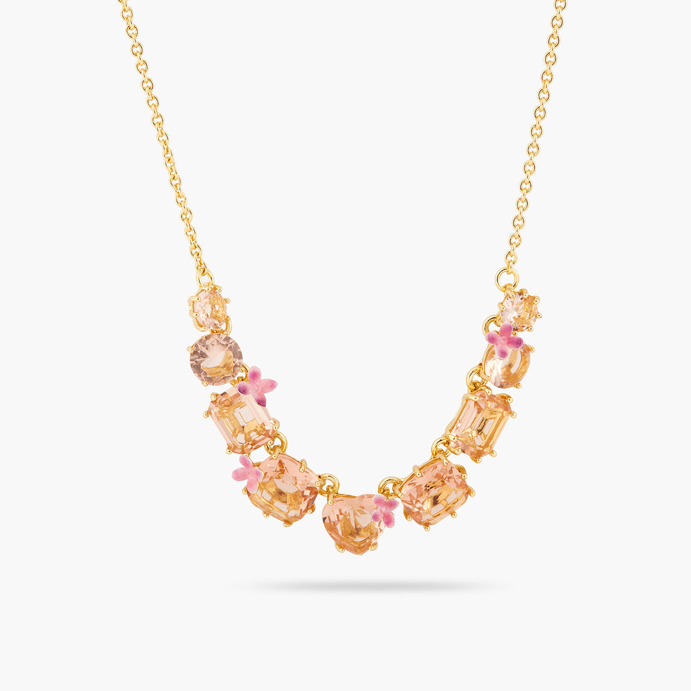 Apricot Pink Diamantine Flower and 9 Stone Fine Necklace