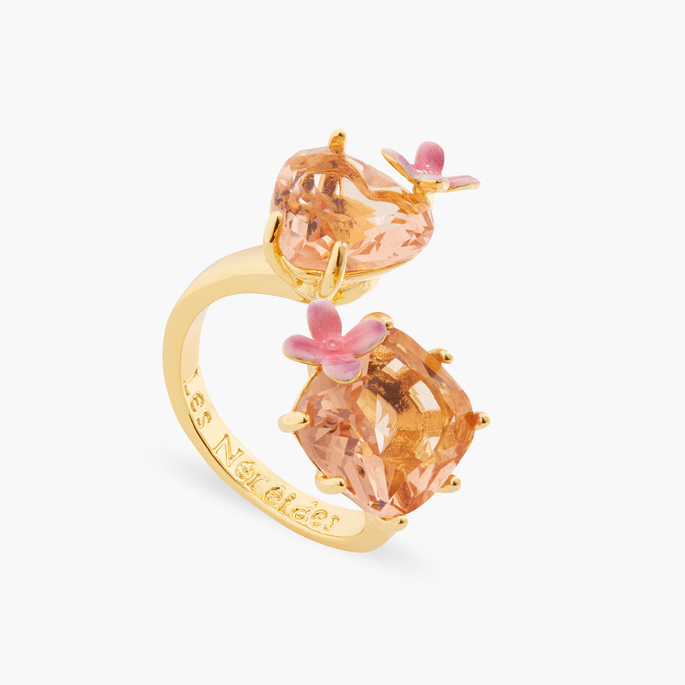 Apricot Pink Diamantine Flower, Heart and Square Stone Ring