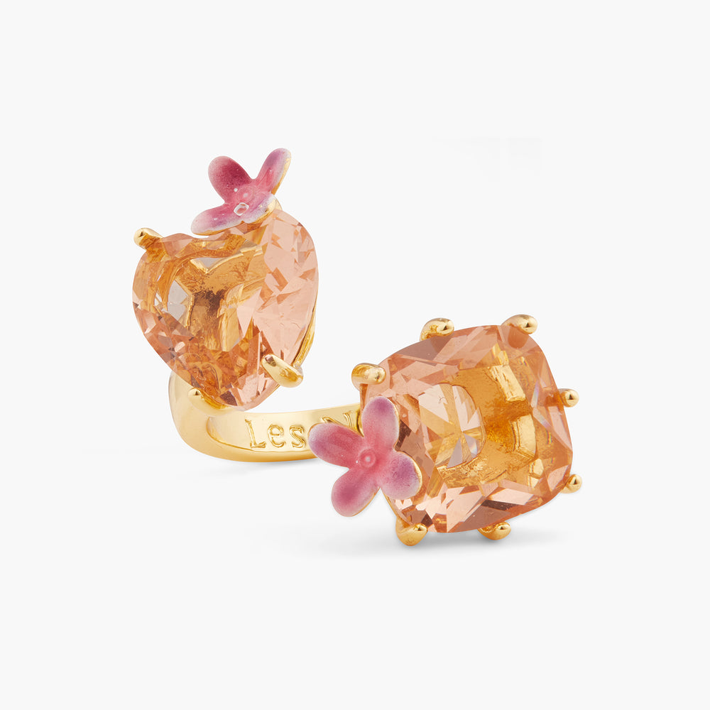 Apricot Pink Diamantine Flower, Heart and Square Stone Ring