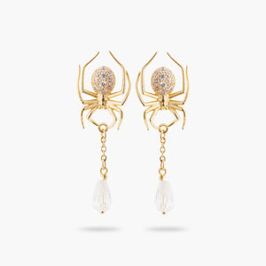 Golden Spider and Cut Glass Dangling Post Earrings