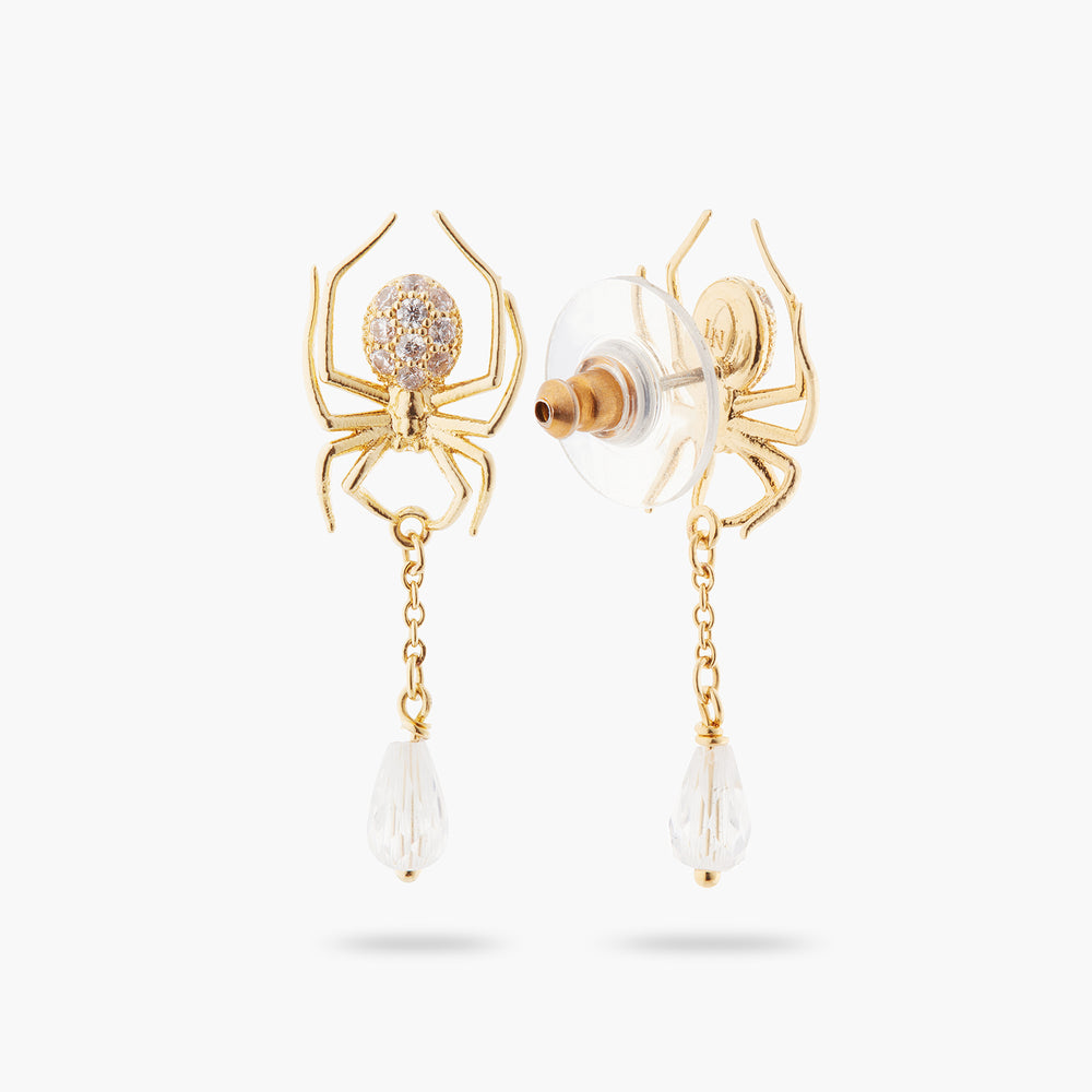 Golden Spider and Cut Glass Dangling Post Earrings