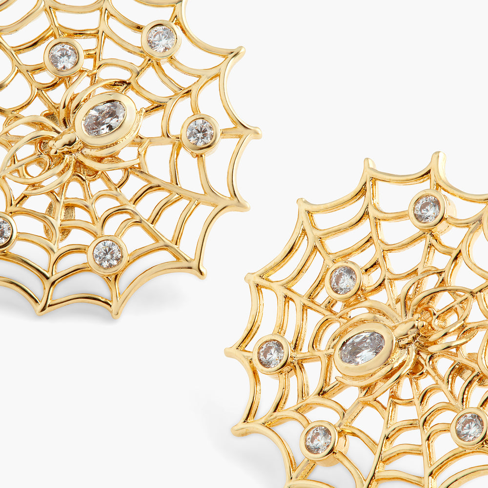 Golden Spider's Web and Crystal Clip-On Earrings