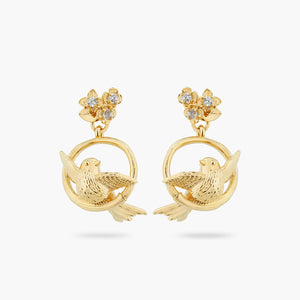 
            
                Load image into Gallery viewer, Bird, Flower and Crystal Dangling Post Earrings
            
        