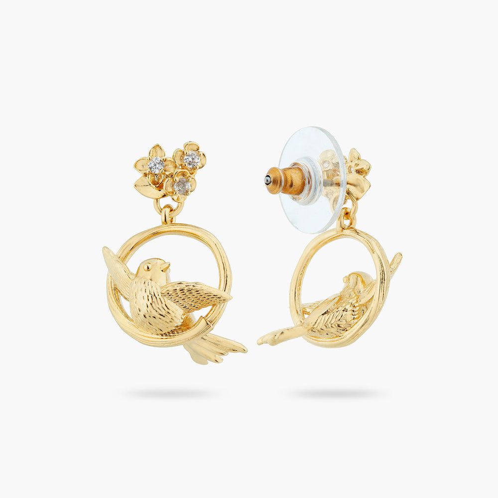 
            
                Load image into Gallery viewer, Bird, Flower and Crystal Dangling Post Earrings
            
        