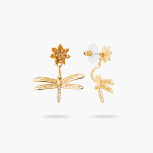 Dragonfly, Flower and Crystal Dangling Post Earrings