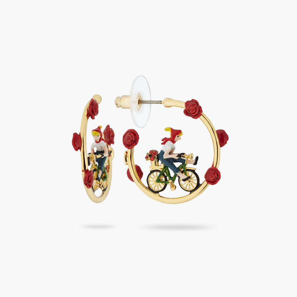 Roses and Woman on Bicycle Post Hoop Earrings