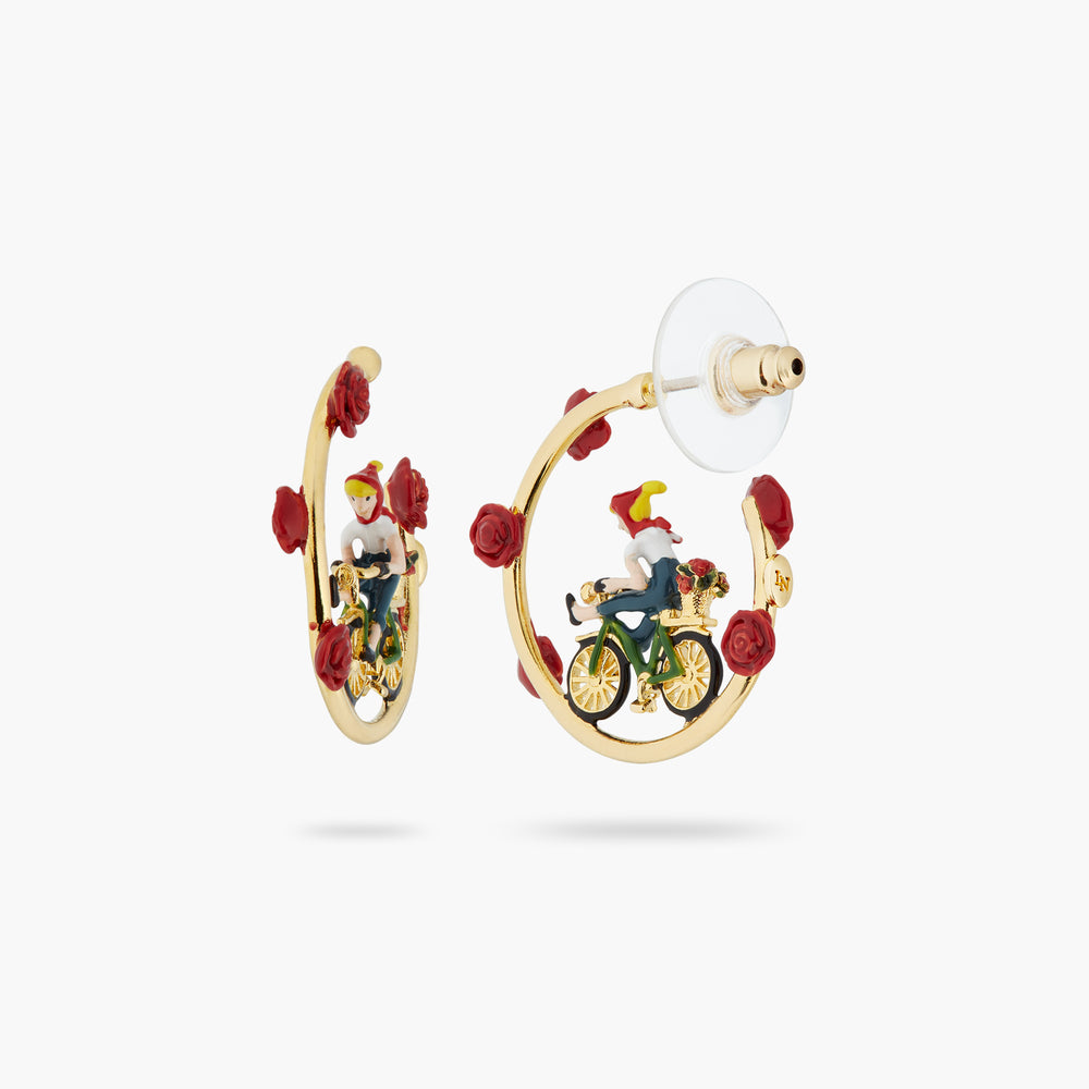 Roses and Woman on Bicycle Post Hoop Earrings