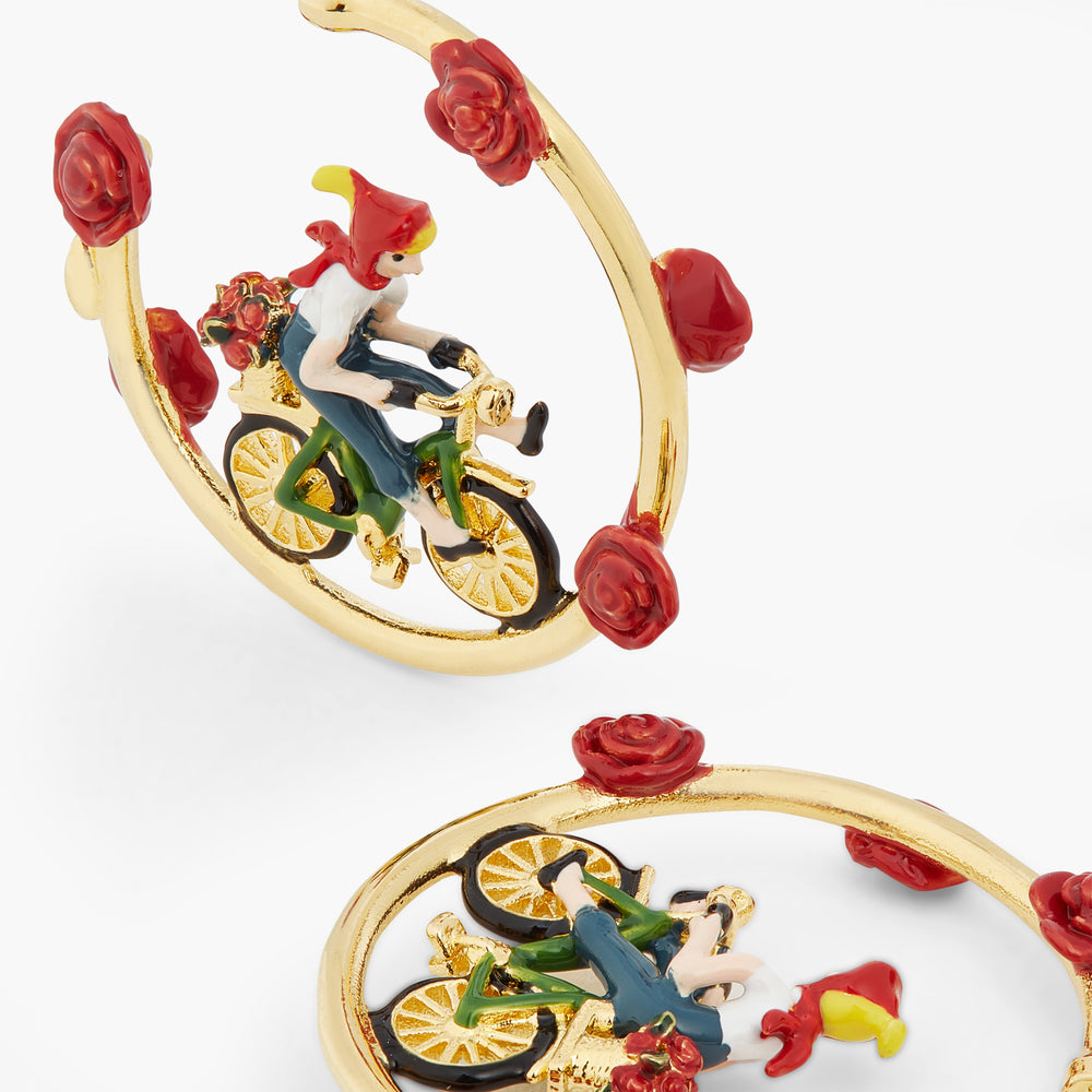Roses and Woman on Bicycle Post Hoop Earrings