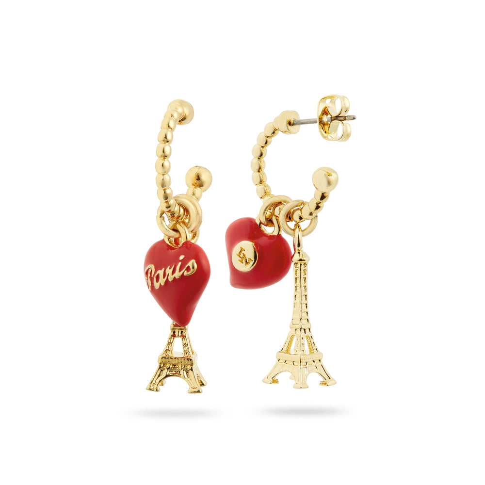 Eiffel Tower and Red Heart Post Hoop Earrings