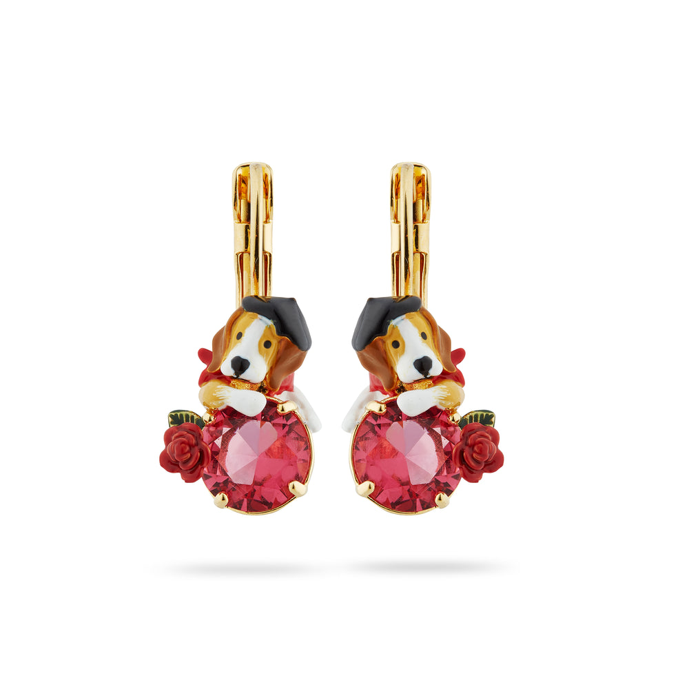 Beagle and Pink Cut Glass Stone Sleeper Earrings