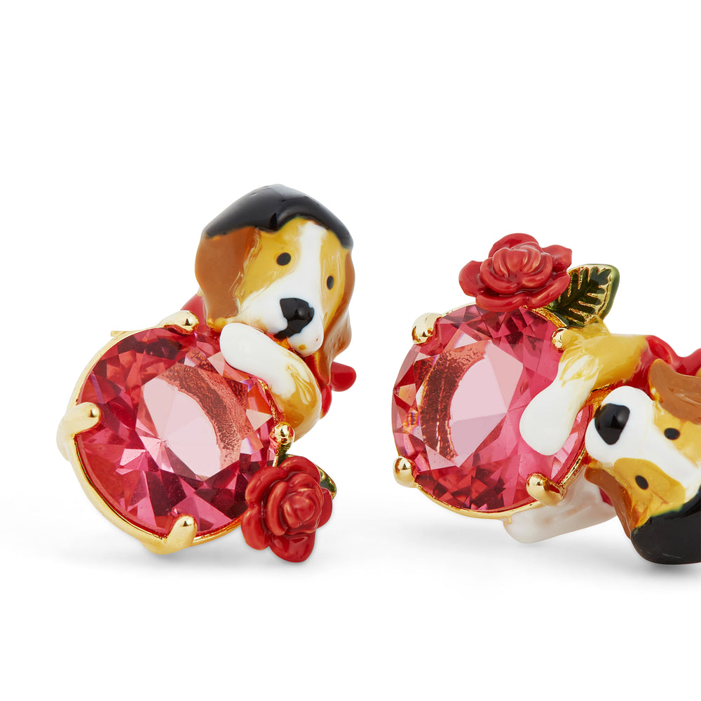 Beagle and Pink Cut Glass Stone Post Earrings