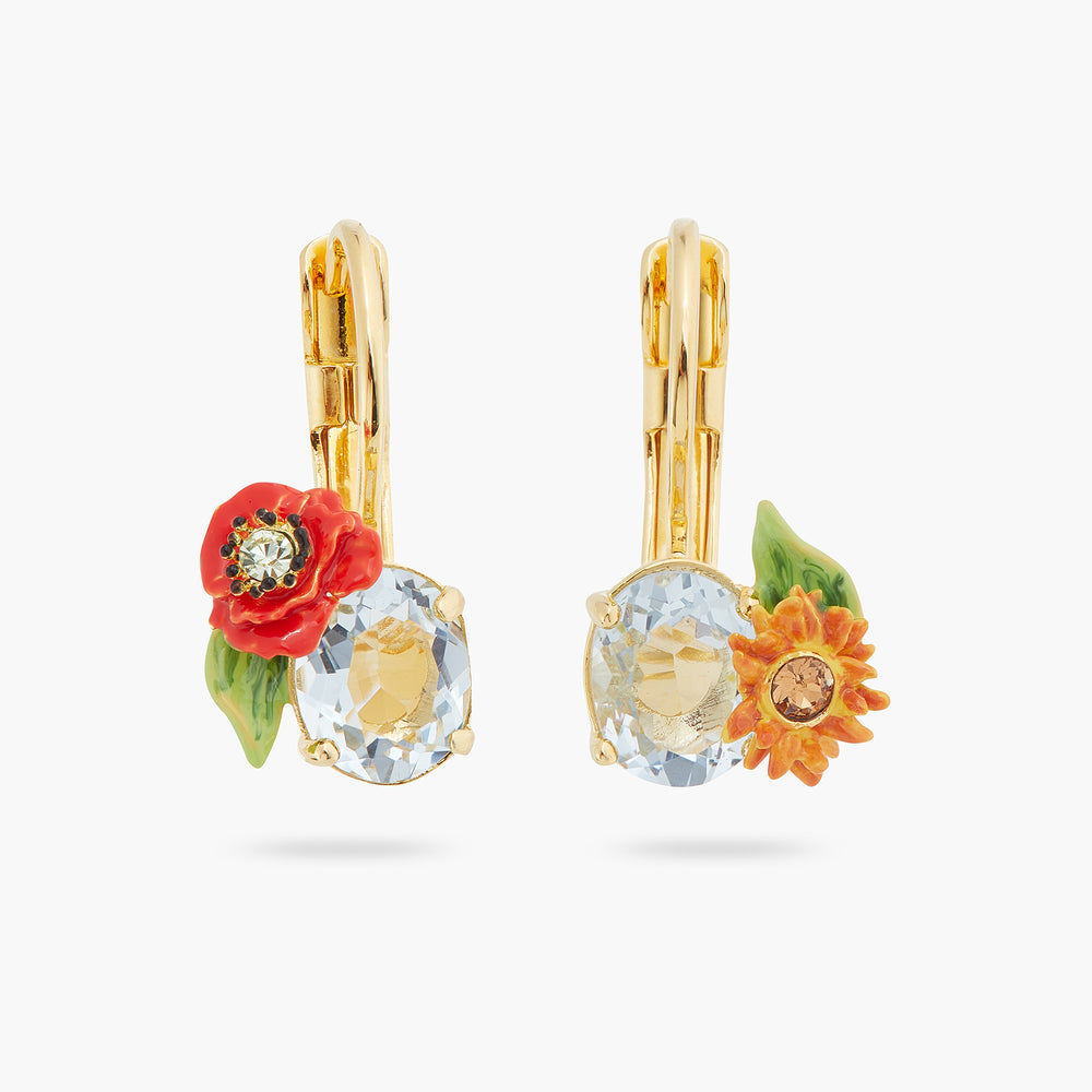 Asymmetrical Wildflower and Round Stone Sleeper Earrings