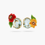 Asymmetrical Wildflower and Round Stone Post Earrings