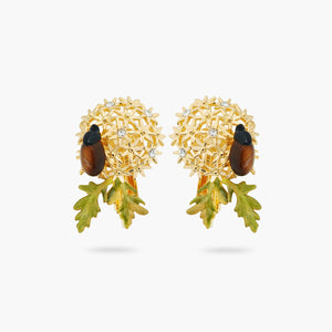Golden Flower Bouquet and Scarab Beetle Clip-On Earrings