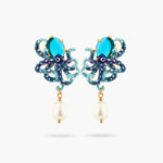 Enameled Blue Octopus, Blue Cut Glass Stone and Mother of Pearl Bead Post Earrings