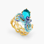 Blue Octopus and Blue Cut Glass Cocktail Ring