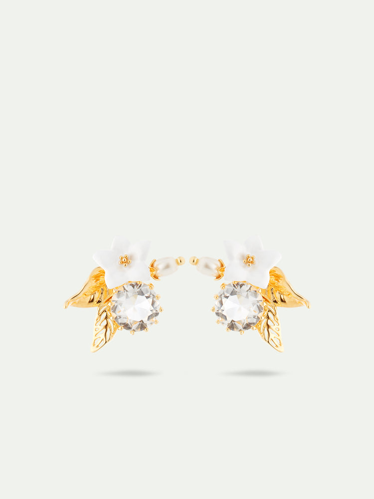 White Jasmine, Faceted Crystal and Glass Pearl Bead Post Earrings