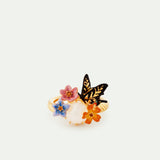 Butterfly, 3 Colorful Jasmine Flowers and Faceted Stone Cocktail Ring