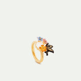 Butterfly, 3 Colorful Jasmine Flowers and Faceted Stone Cocktail Ring