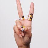 Butterfly, 3 Colorful Jasmine Flowers and Faceted Stone Cocktail Ring