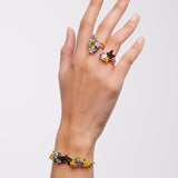 Butterfly, 3 Colorful Jasmine Flowers and Faceted Stone Cocktail Ring