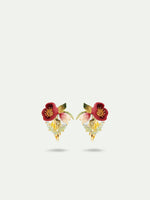 Red Hellebore Flower and Faceted Stone Clip-On Earrings