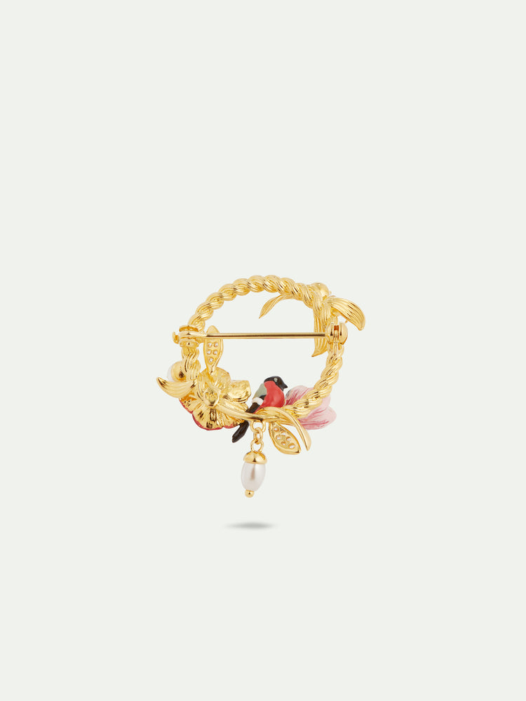 Hellebore Flowers, Bullfinch and Leaves Paved with Cubic Zirconia Brooch