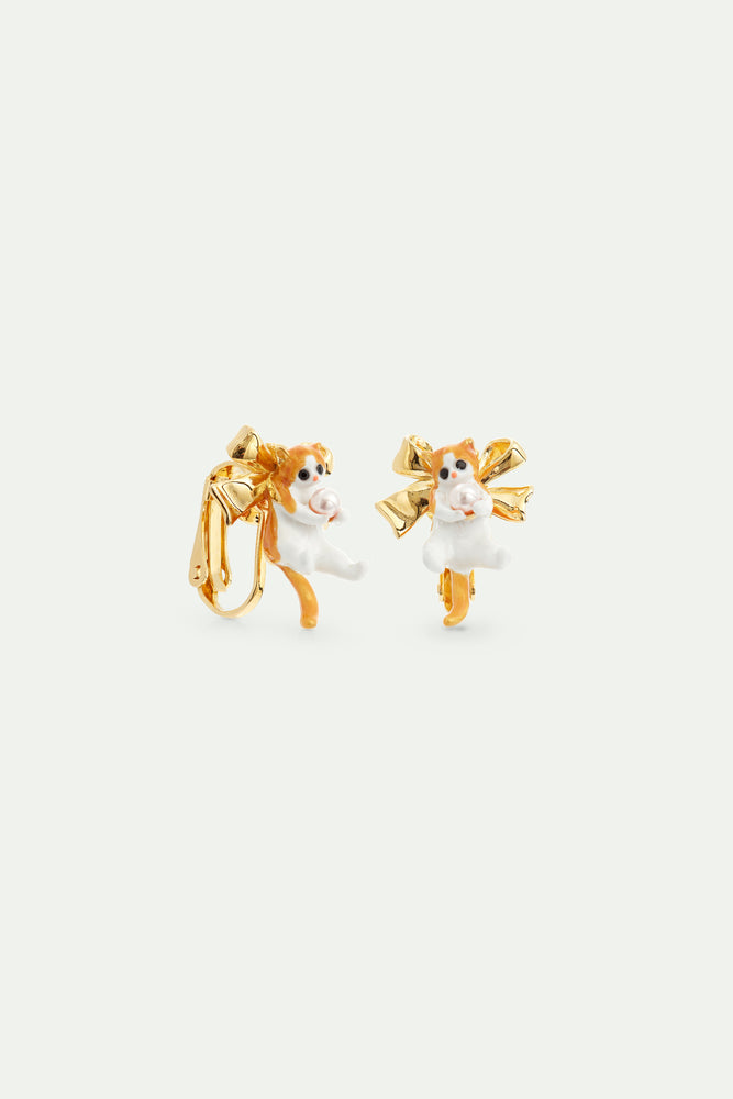 Orange Tabby Kitten and Golden Bow Clip-On Earrings