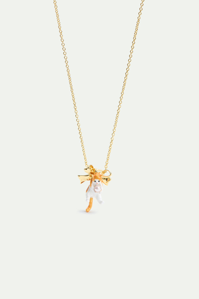 Orange Tabby Kitten and Golden Bow Necklace