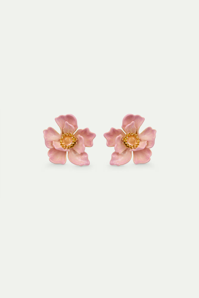 Large Pink Magnolia Flower Post Earrings