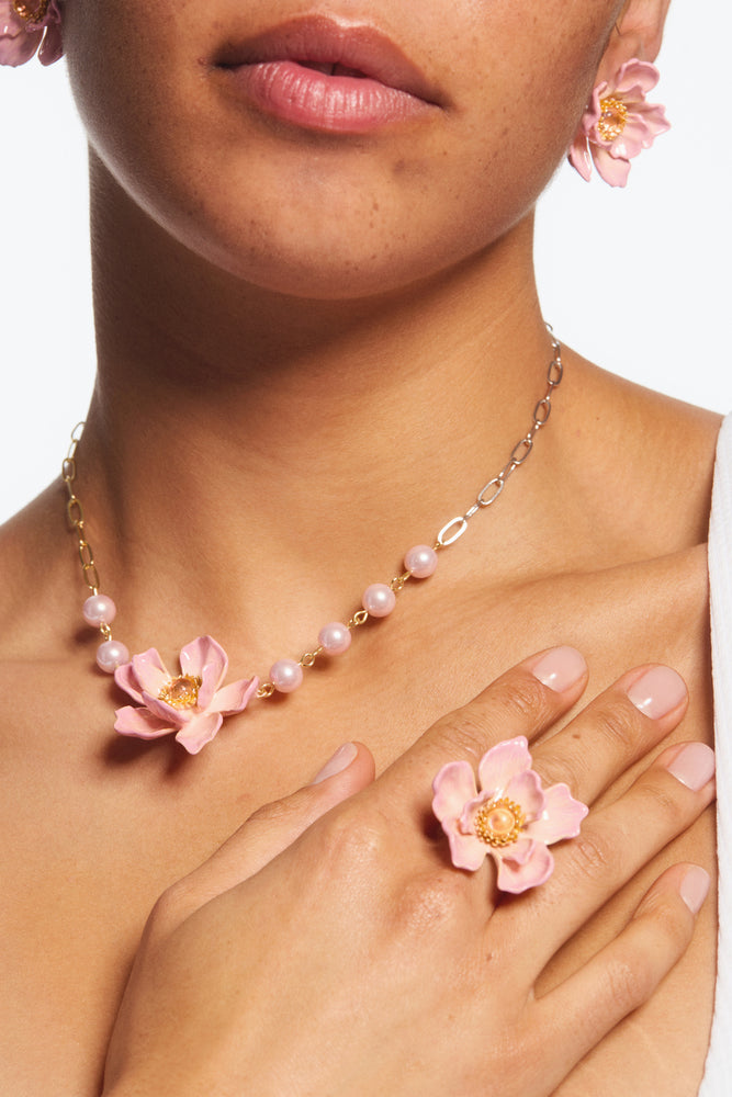 Large Pink Magnolia Flower Post Earrings
