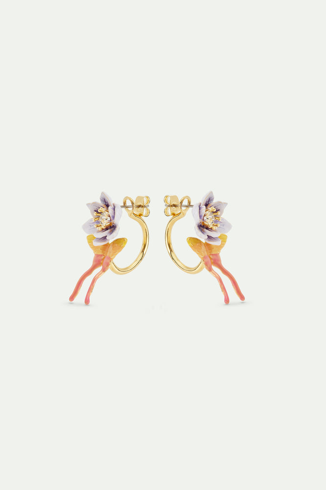 Purple Magnolia Flower and Pink and Yellow Butterfly Post Earrings