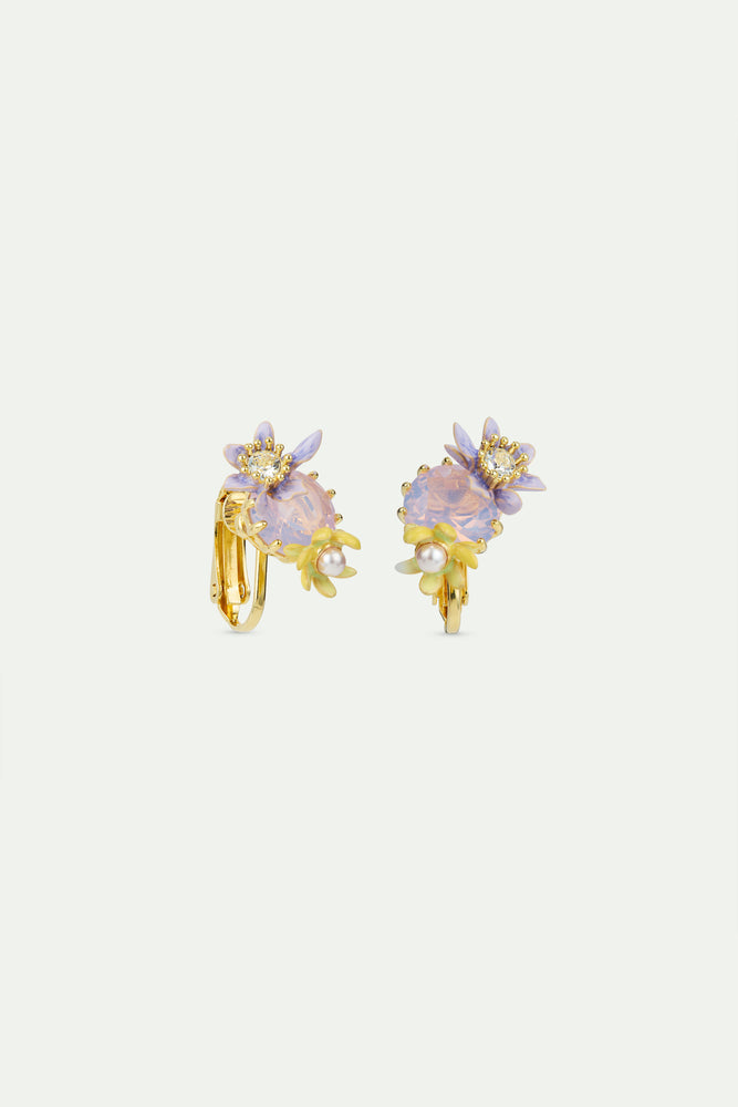 Round Purple Faceted Glass Stone and Magnolia Flower Clip-On Earrings