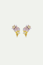 Round Purple Faceted Glass Stone and Magnolia Flower Clip-On Earrings
