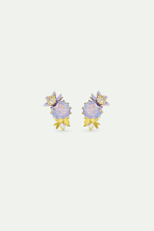 Round Purple Faceted Glass Stone and Magnolia Flower Post Earrings