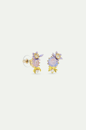 Round Purple Faceted Glass Stone and Magnolia Flower Post Earrings