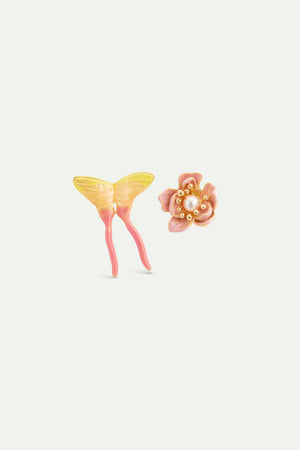 Pink Magnolia Flower and Pink and Yellow Butterfly Asymmetrical Post Earrings
