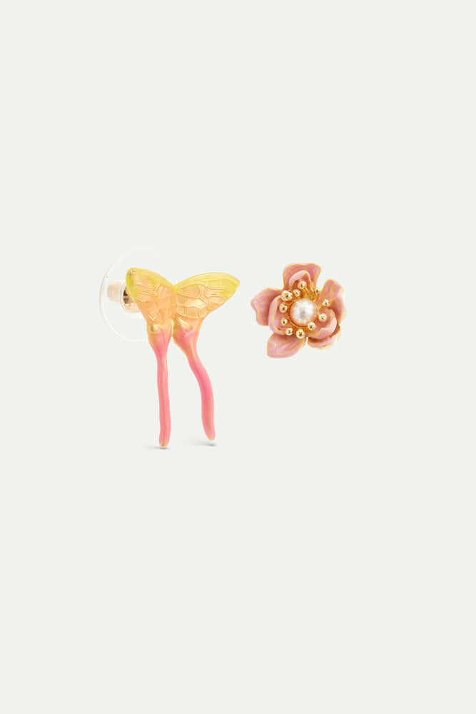 Pink Magnolia Flower and Pink and Yellow Butterfly Asymmetrical Post Earrings