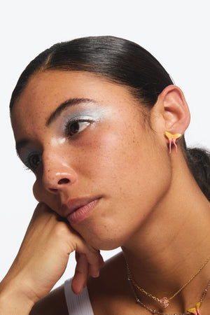 Pink Magnolia Flower and Pink and Yellow Butterfly Asymmetrical Post Earrings