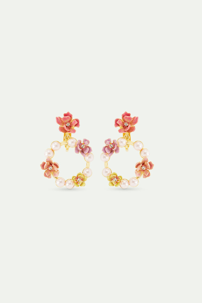 Pink Magnolia Flowers and White Artificial Pearl Hoop Clip-On Earrings