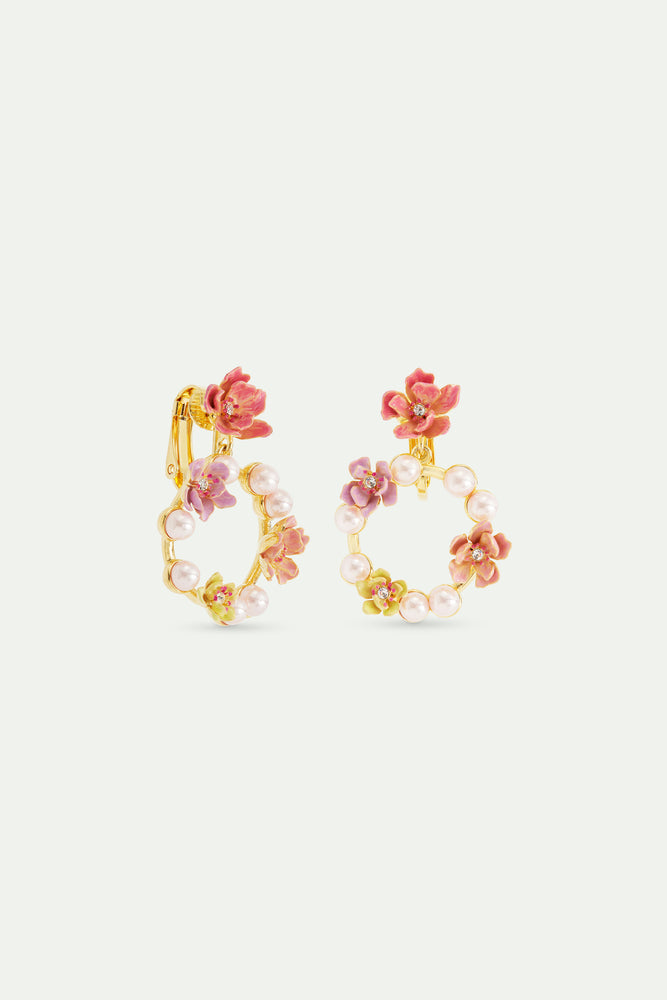 Pink Magnolia Flowers and White Artificial Pearl Hoop Clip-On Earrings