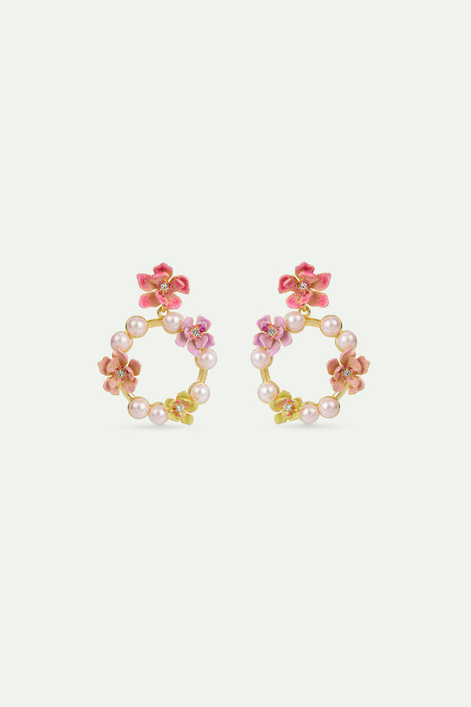 Pink Magnolia Flowers and White Artificial Pearl Post Hoop Earrings