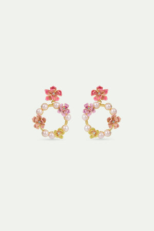 Pink Magnolia Flowers and White Artificial Pearl Post Hoop Earrings