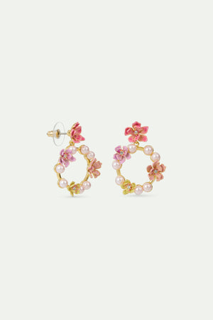 Pink Magnolia Flowers and White Artificial Pearl Post Hoop Earrings