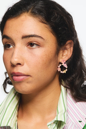 Pink Magnolia Flowers and White Artificial Pearl Hoop Clip-On Earrings